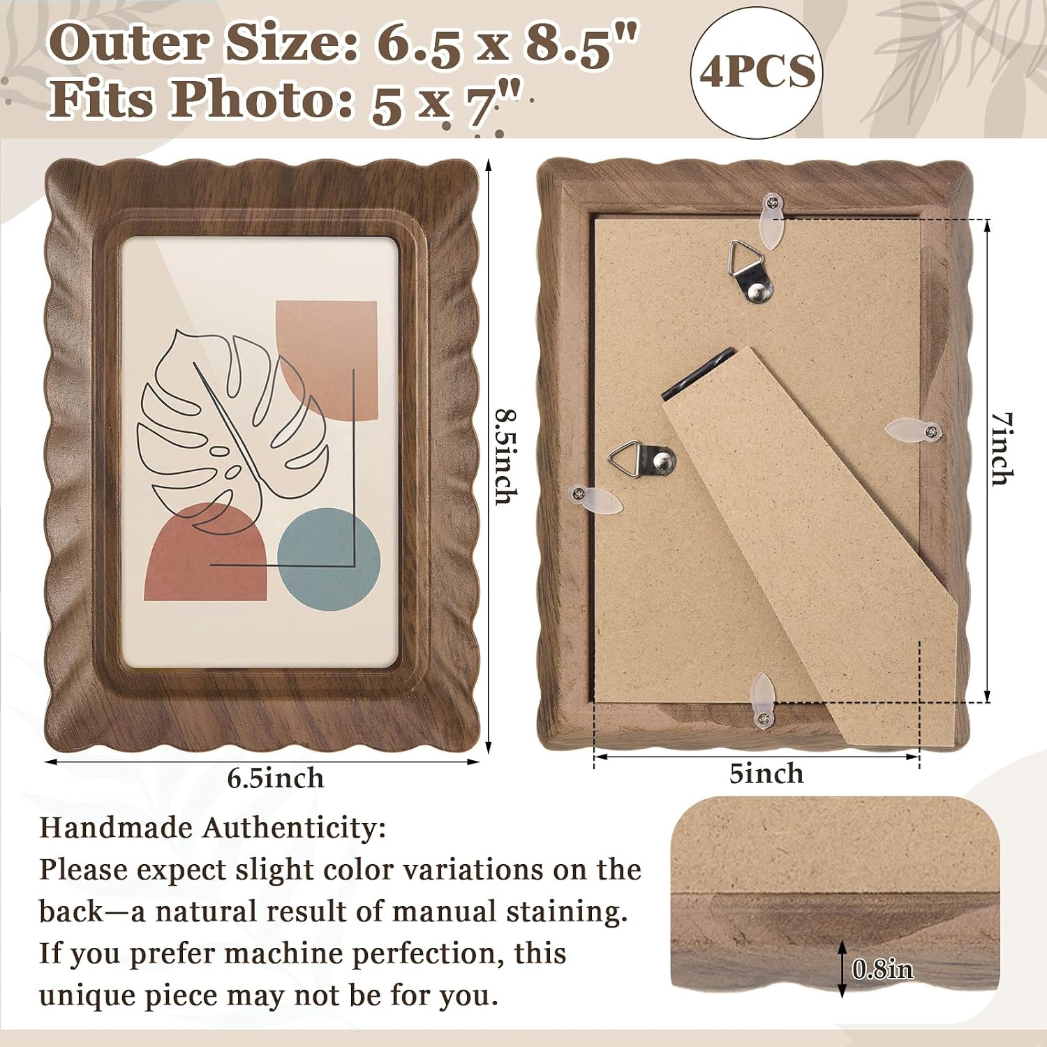 Aldernest 4 Pack 5x7″ Layered Wavy Wooden Picture Frames with Real Glass, 3 pounds, walnut color