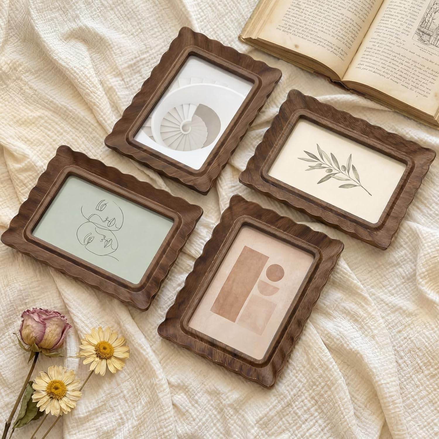 Aldernest 4 Pack 5x7″ Layered Wavy Wooden Picture Frames with Real Glass, 3 pounds, walnut color