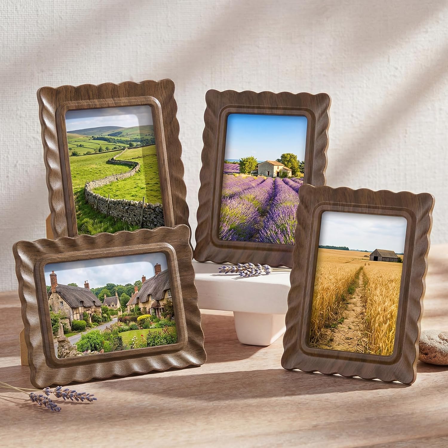 Aldernest 4 Pack 5x7″ Layered Wavy Wooden Picture Frames with Real Glass, 3 pounds, walnut color