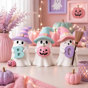 Brackenly 3 Pcs Pastel Halloween Ghost Figurines 4" Resin Halloween Decor, 14.24 ounces, White Pink