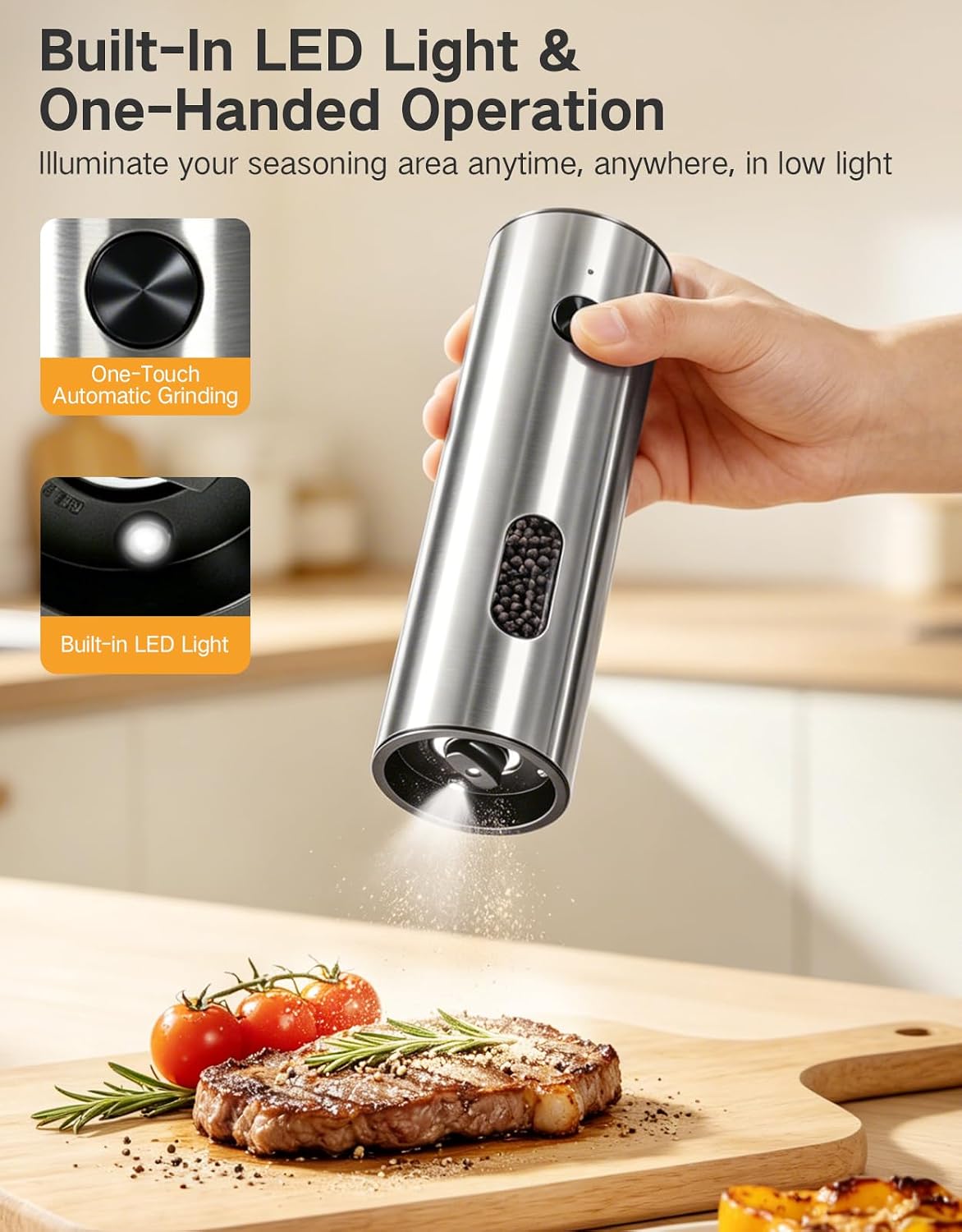 Aldernest Electric Rechargeable Salt and Pepper Grinder Set, 110ml Large Capacity, Sliver
