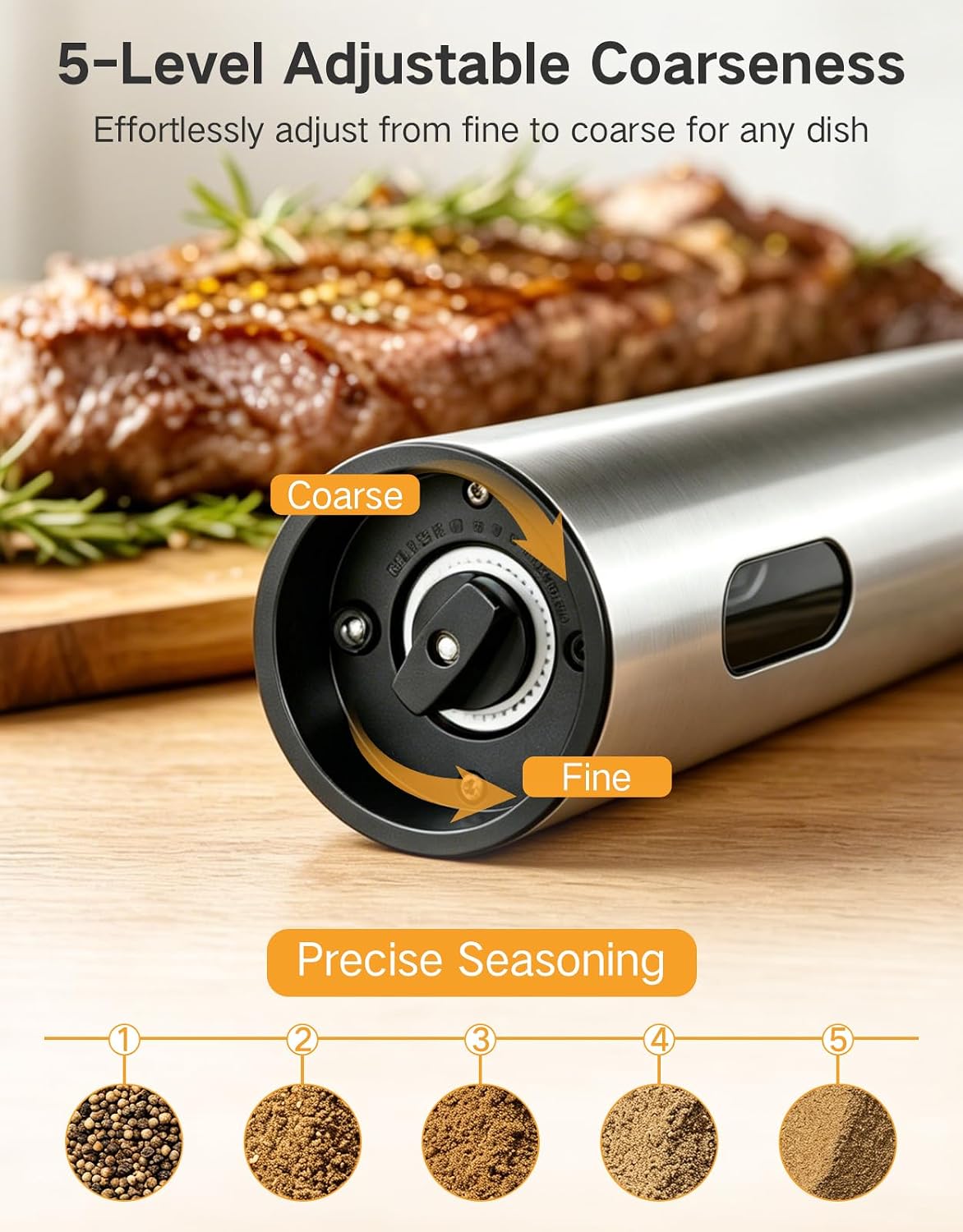 Aldernest Electric Rechargeable Salt and Pepper Grinder Set, 110ml Large Capacity, Sliver