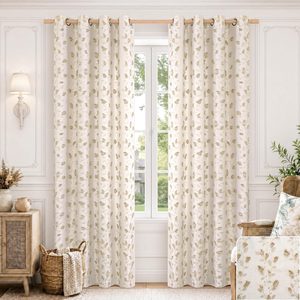 Birchmont Beige Floral Linen Curtains 84 Inches for Living Room- 2 Panels, Fluffy Leaves | Beige