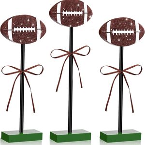 Aldernest 3 Pcs Wood Football Tiered Tray Decor Set 4x2.4x0.5 Inch, Brown, Green