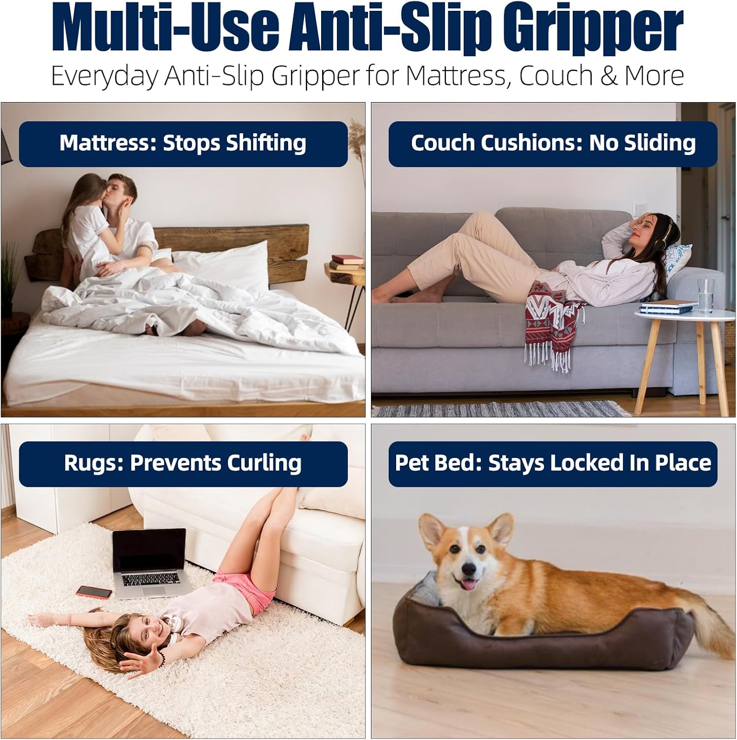 Aldernest Non Slip Mattress Gripper Pad, Slide Stopper for Bed Sofa & Chair, Twin, White