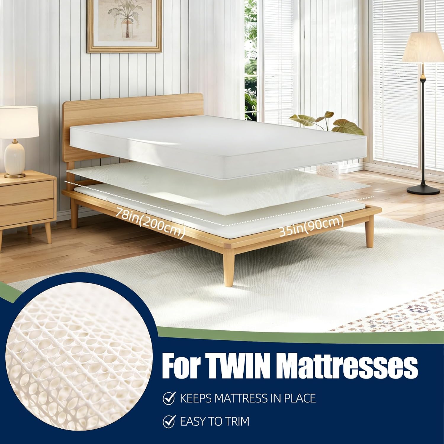 Aldernest Non Slip Mattress Gripper Pad, Slide Stopper for Bed Sofa & Chair, Twin, White