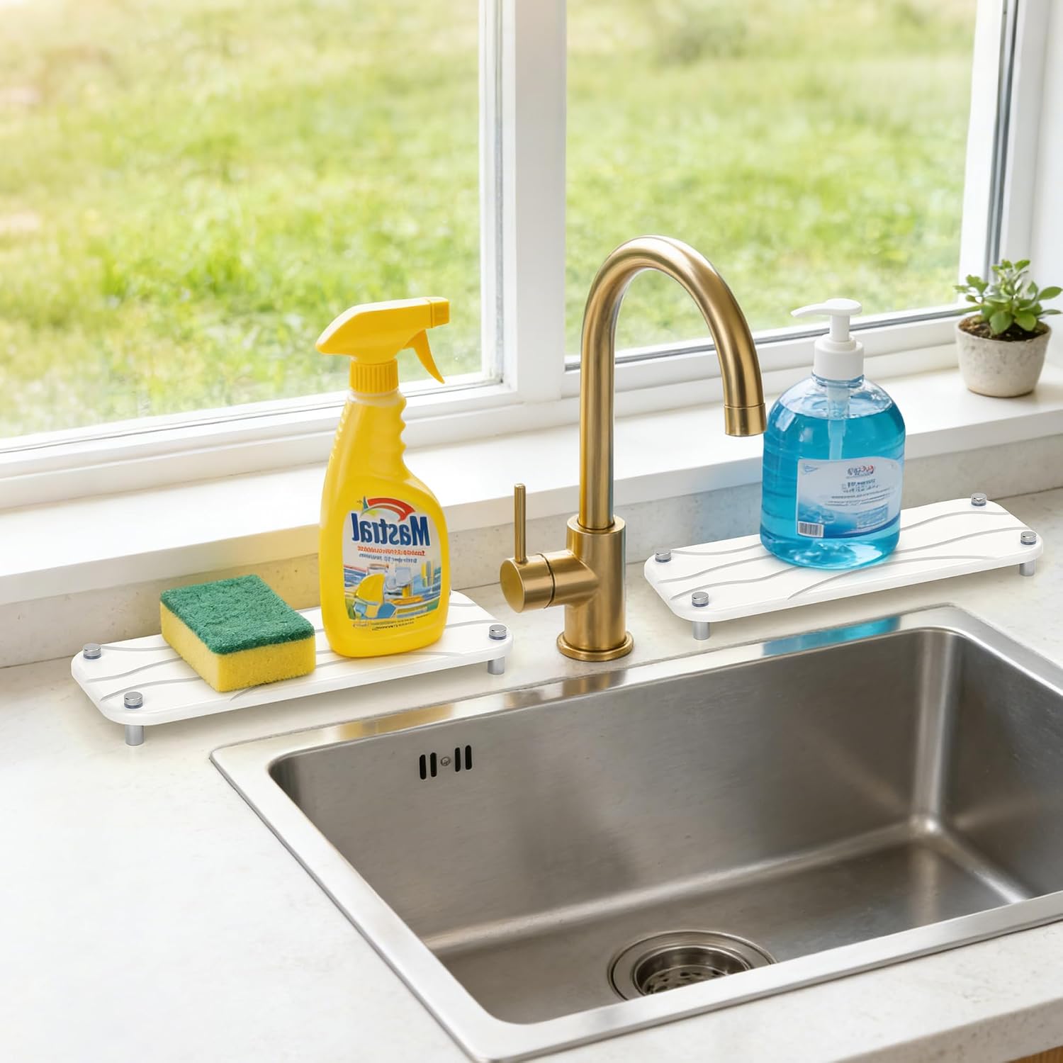 Aldernest 2-Pack Large Size Water Absorbing Stone Sink Caddy, Bathroom Tray, White Wave