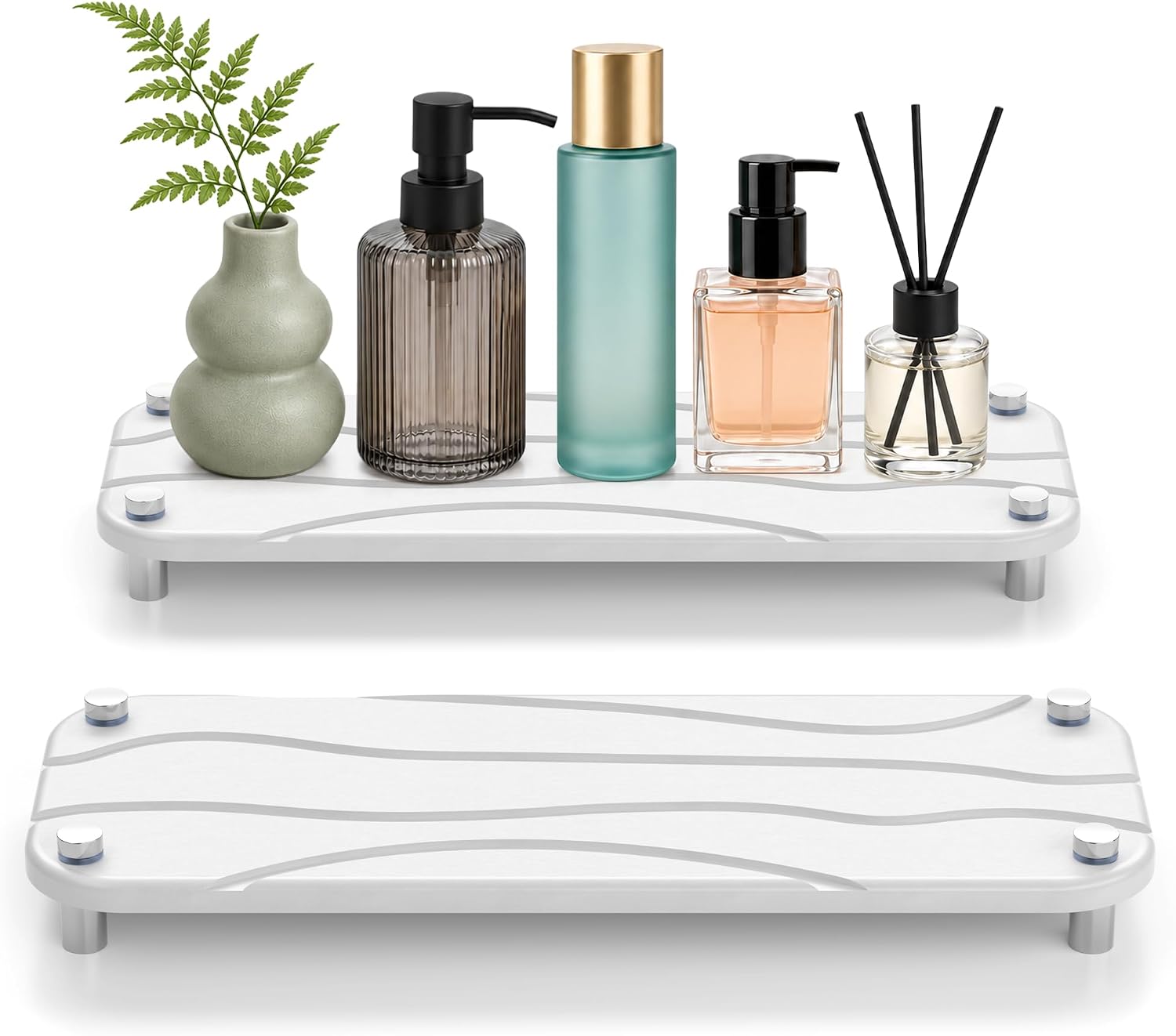 Aldernest 2-Pack Large Size Water Absorbing Stone Sink Caddy, Bathroom Tray, White Wave