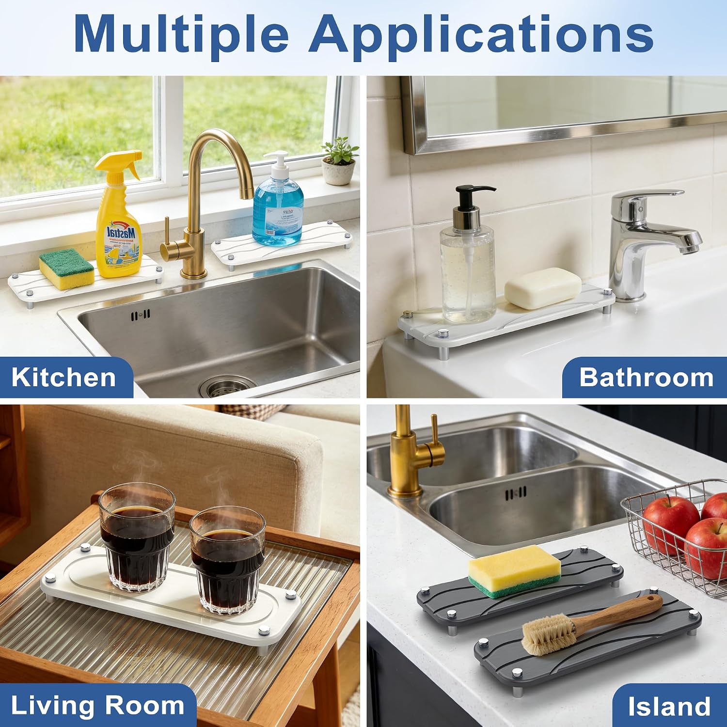 Aldernest 2-Pack Large Size Water Absorbing Stone Sink Caddy, Bathroom Tray, White Wave