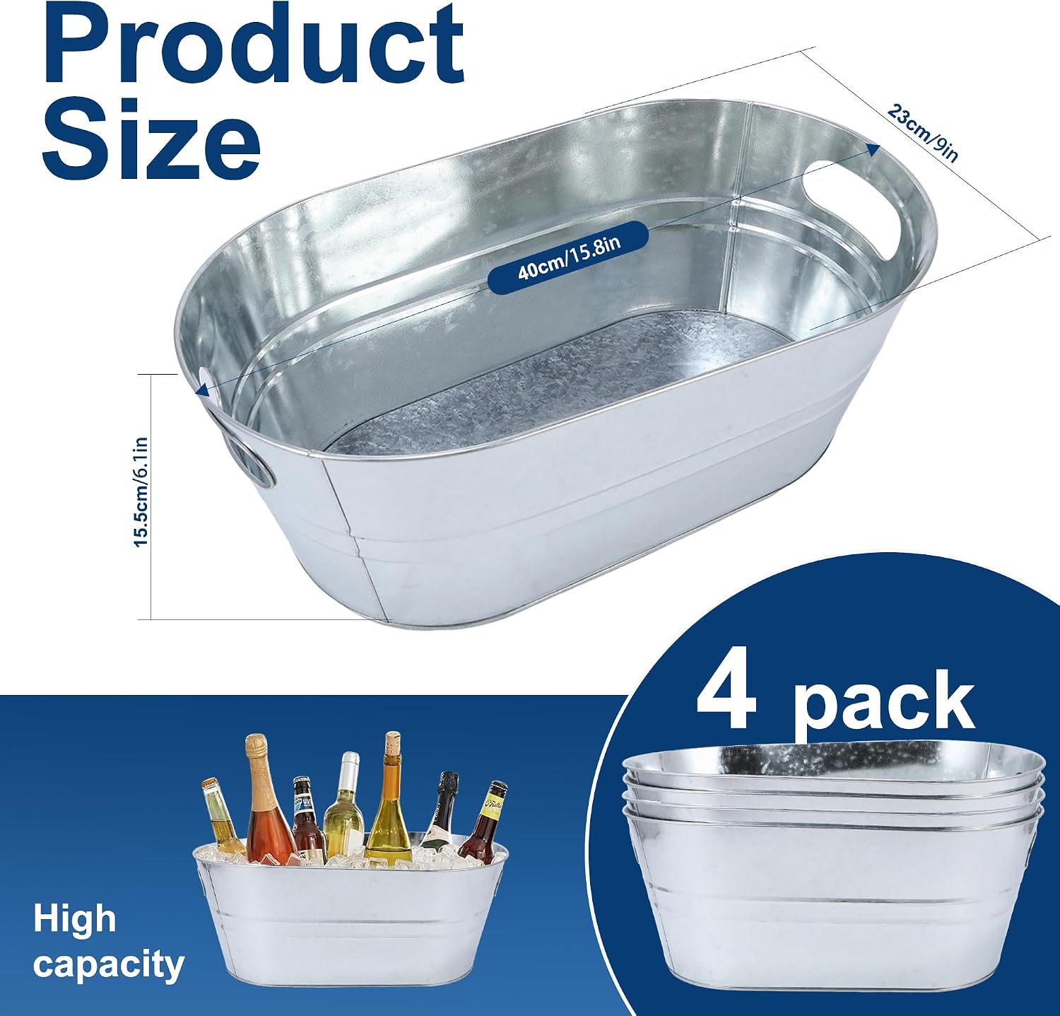 Ashenby 4 Pack 3 Gallon Galvanized Tub, Ice Buckets for Parties, 4.77 pounds