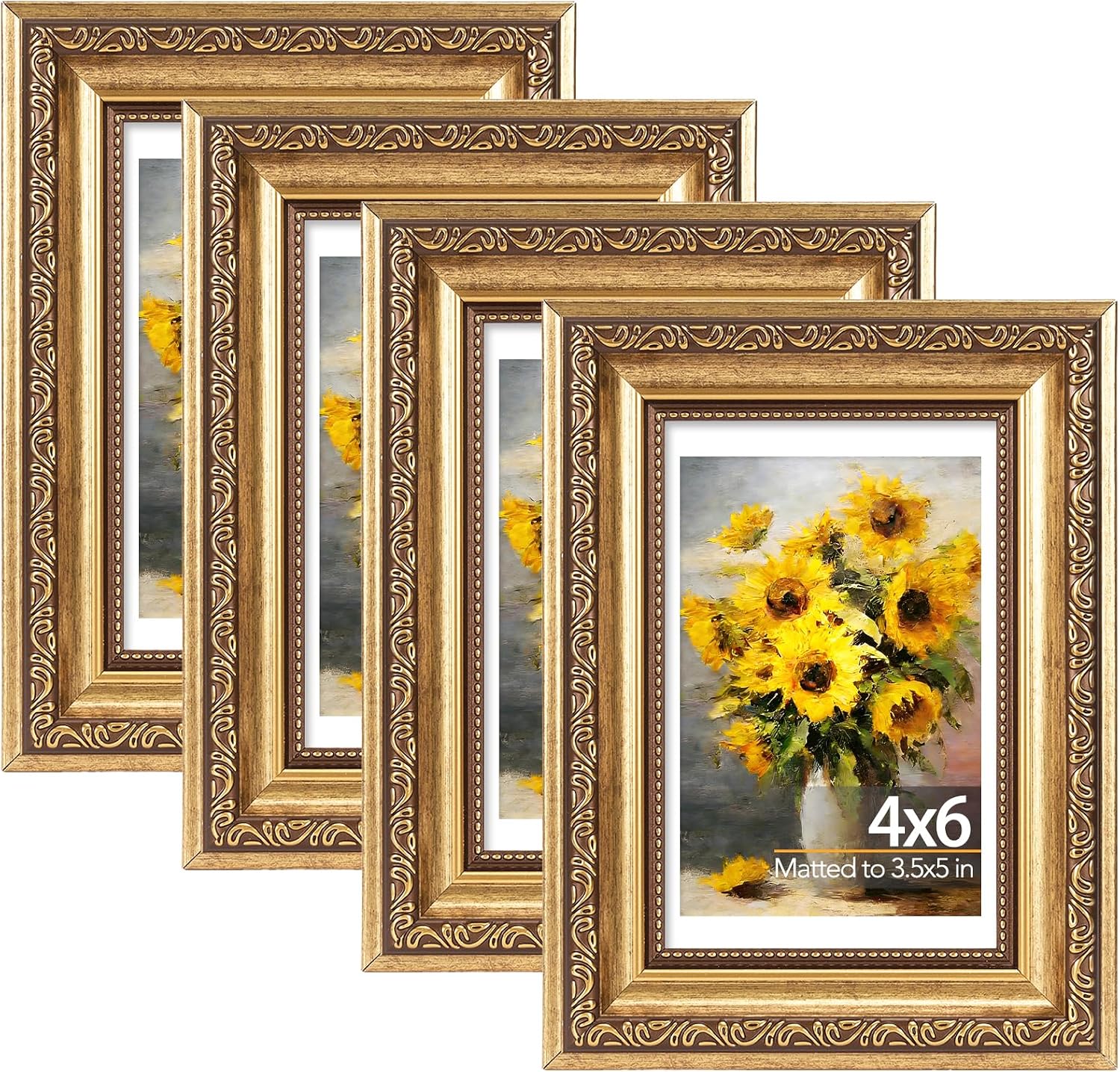 Birchmont 4x6 Vintage Picture Frame with 3.5x5 Mat Set of 4, Gold
