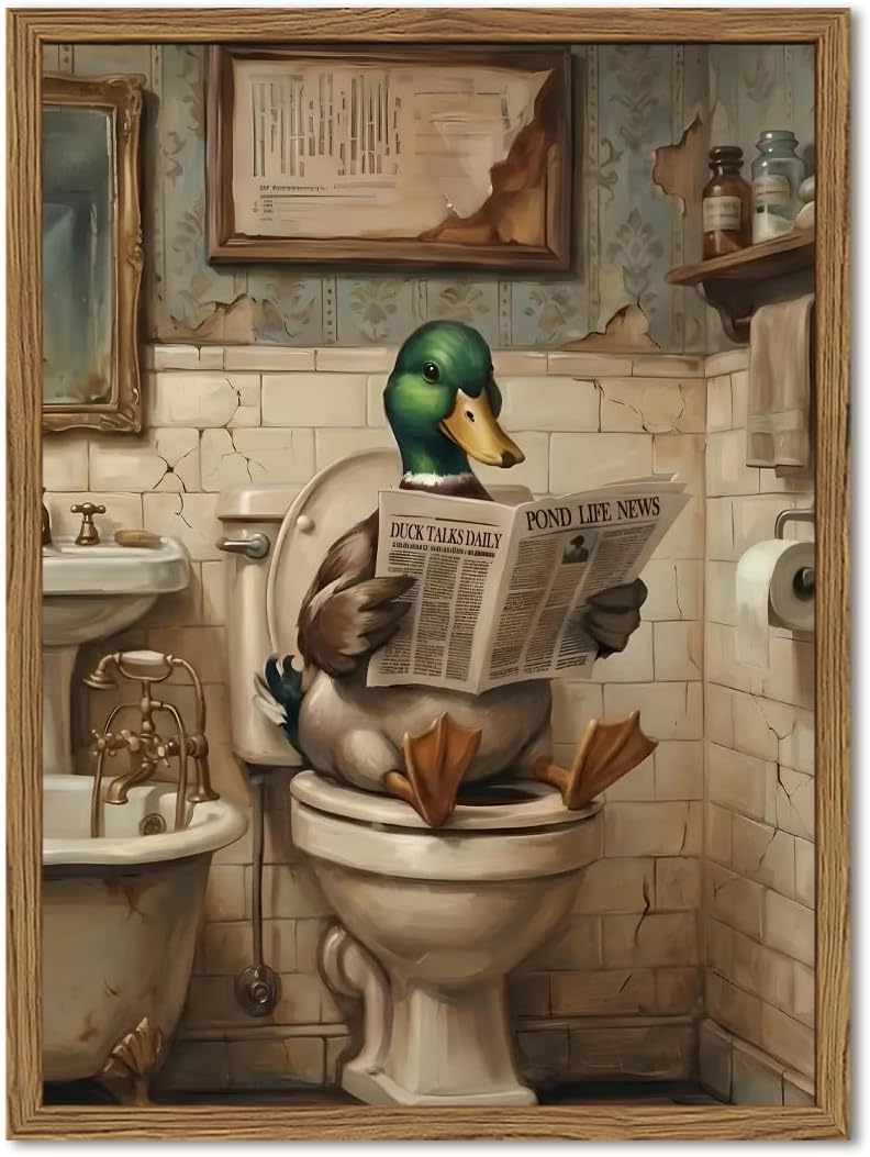 Aldernest Funny Mallard Duck Bathroom Wall Art Cute Goose in Toilet Wall Decor Painting, 1.2 pounds, 16"L x 12"W, Green Duck