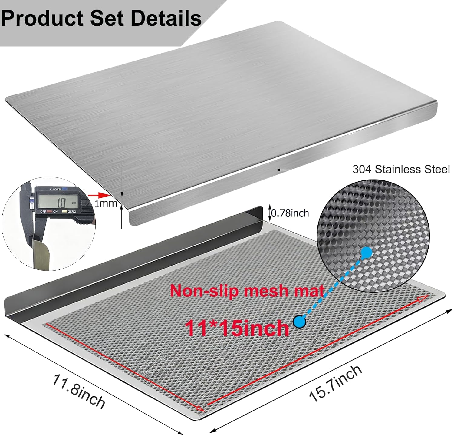 Aldernest 304 Stainless Steel Cutting Board with Lip for Kitchen Chopping Board 15x11, 8 ounces, 15.7"L x 11.8"W