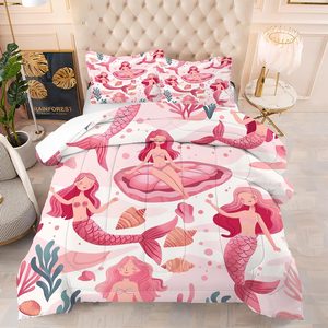 Aldernest Pink Mermaid Bedding Set for Girls, Cute Mermaid Seashell Print Comforter Set, Twin