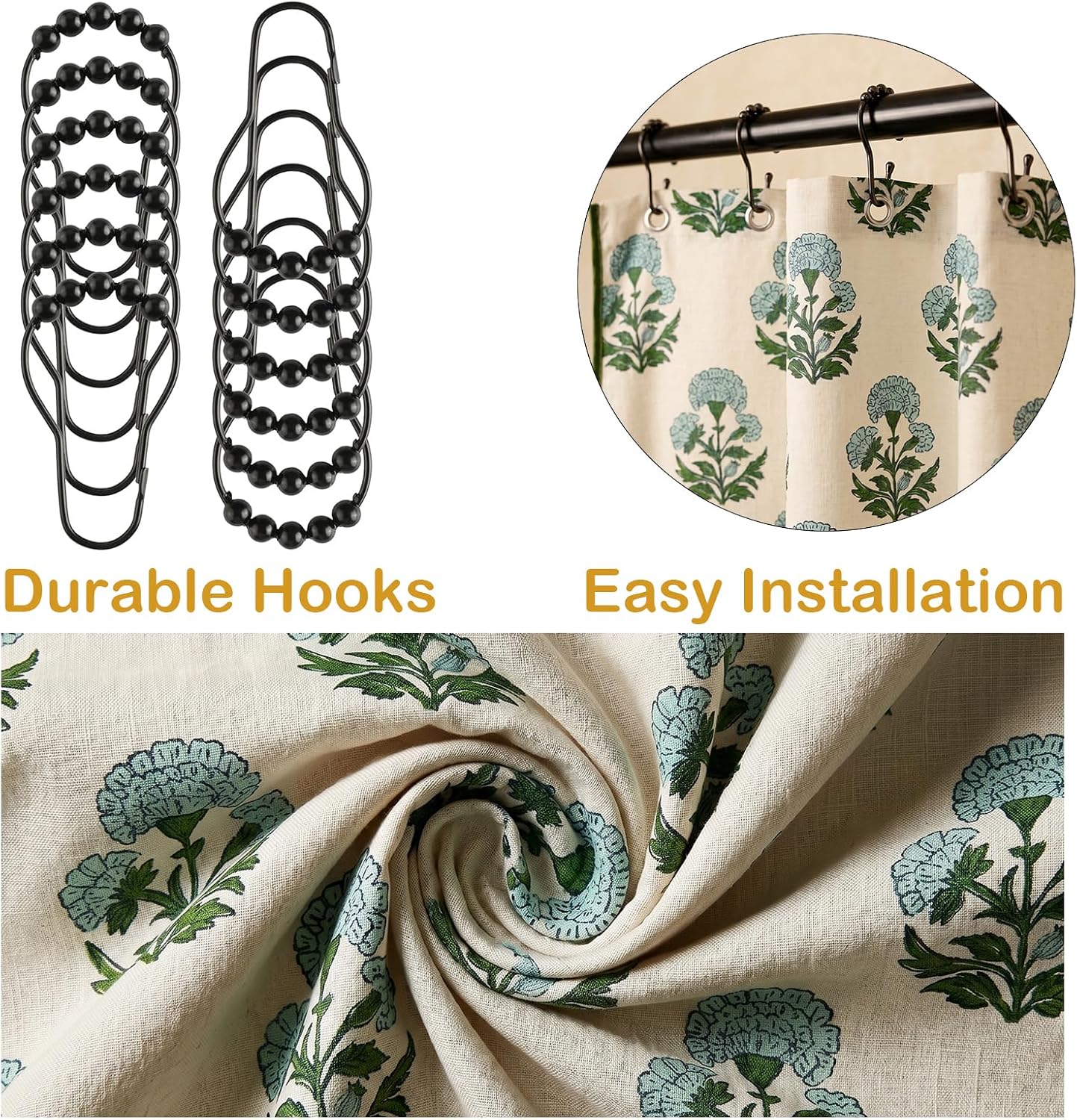 Ashenby Block Print Scalloped Shower Curtain Set with 12 Hooks, 1.1 pounds, 72"W x 72"L (Pack of 1), Blue Marigold