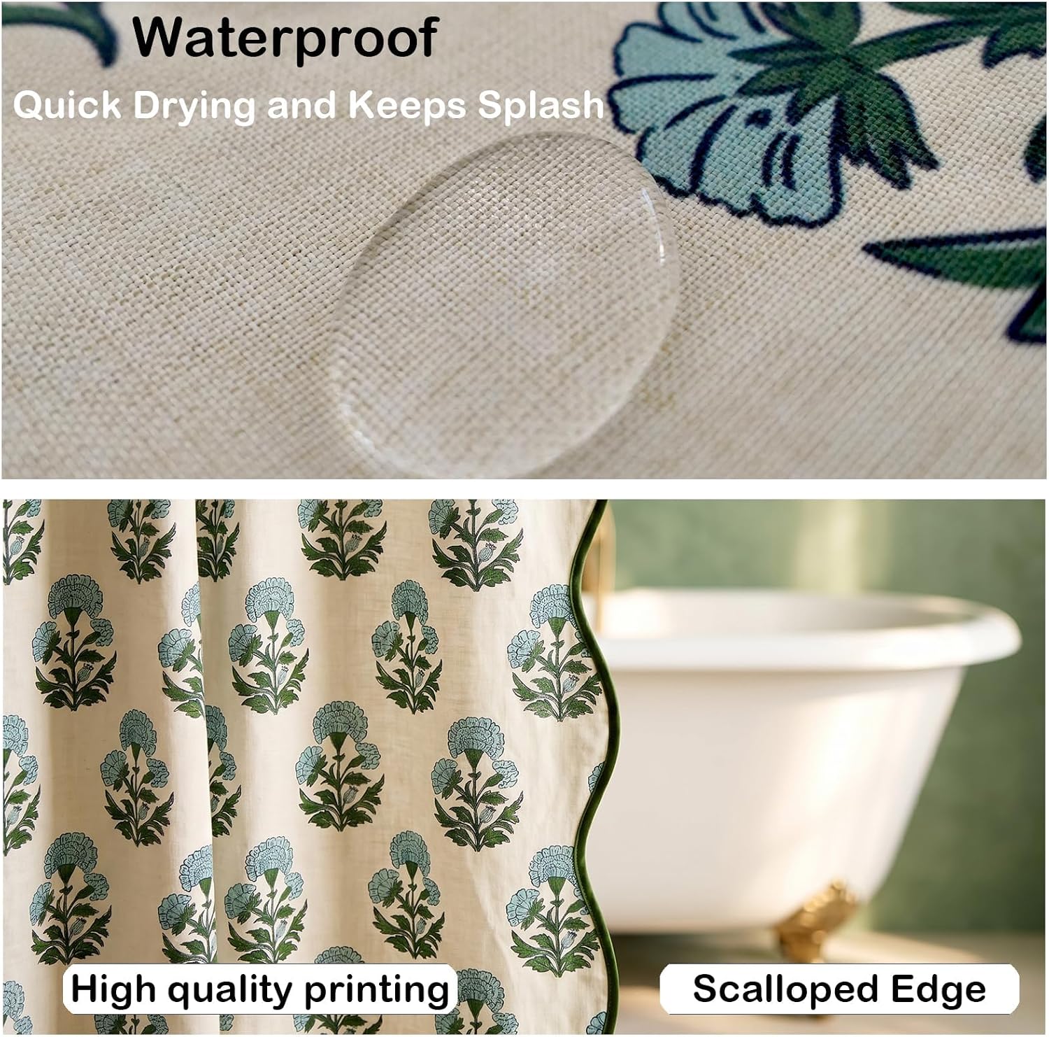Ashenby Block Print Scalloped Shower Curtain Set with 12 Hooks, 1.1 pounds, 72"W x 72"L (Pack of 1), Blue Marigold