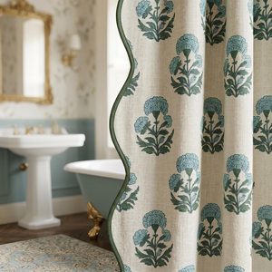 Ashenby Block Print Scalloped Shower Curtain Set with 12 Hooks, 1.1 pounds, 72"W x 72"L (Pack of 1), Blue Marigold