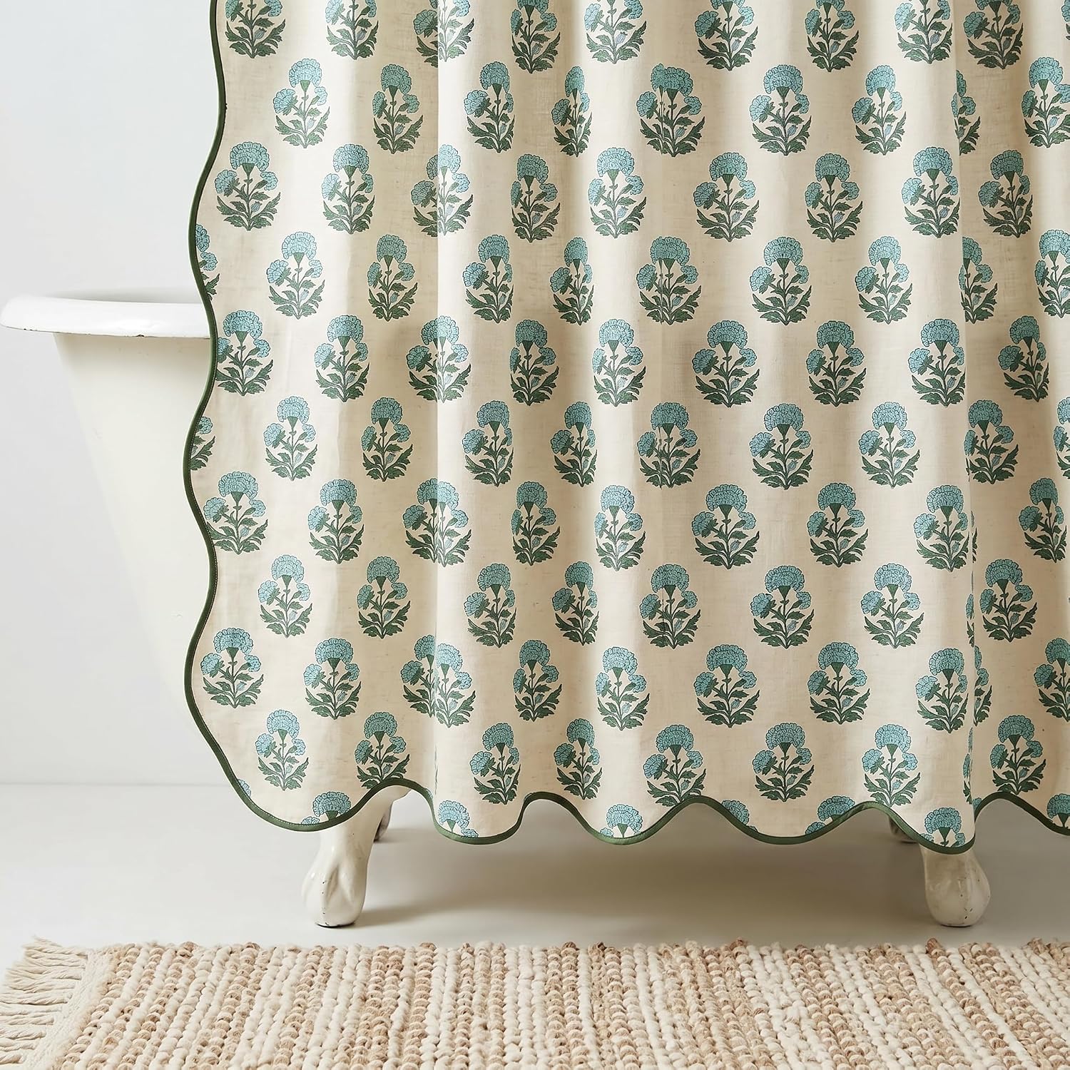 Ashenby Block Print Scalloped Shower Curtain Set with 12 Hooks, 1.1 pounds, 72"W x 72"L (Pack of 1), Blue Marigold