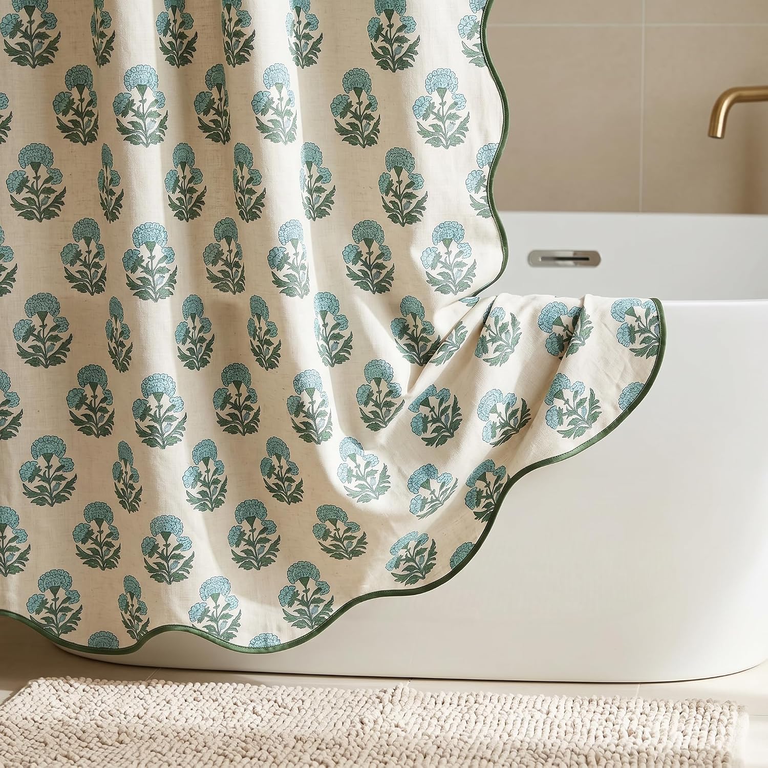 Ashenby Block Print Scalloped Shower Curtain Set with 12 Hooks, 1.1 pounds, 72"W x 72"L (Pack of 1), Blue Marigold