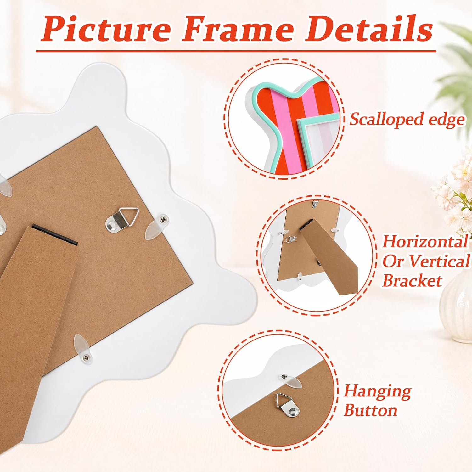 Aldernest 1 Pack Scalloped 4 x 6 Picture Frame with Glass, Orange and Pink, 12.32 ounces