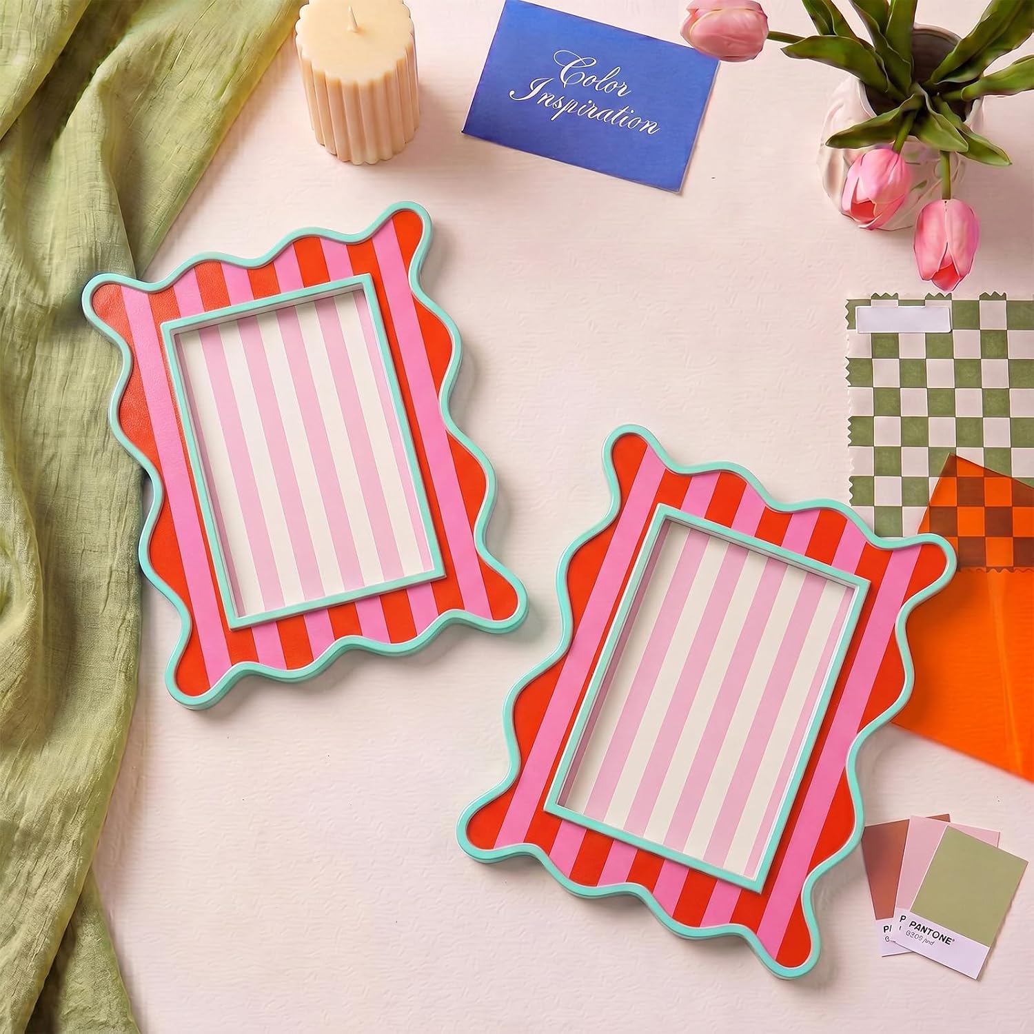 Aldernest 1 Pack Scalloped 4 x 6 Picture Frame with Glass, Orange and Pink, 12.32 ounces