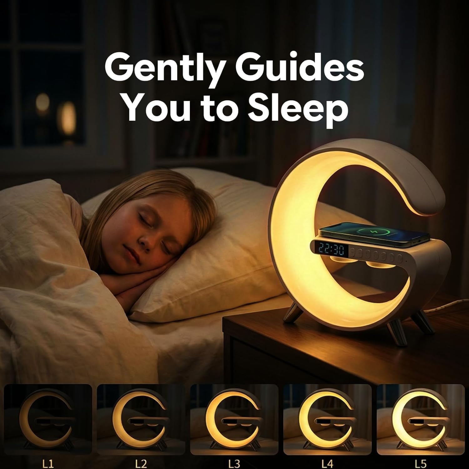 Aldernest 5 in 1 LED Table Lamp with Wireless Charging Bluetooth Speaker, Large, White, Large