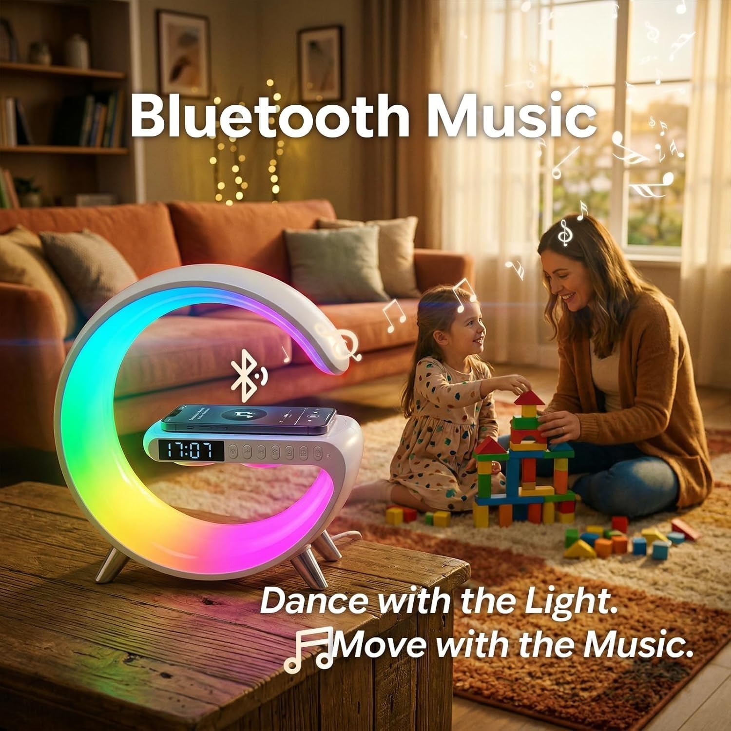 Aldernest 5 in 1 LED Table Lamp with Wireless Charging Bluetooth Speaker, Large, White, Large