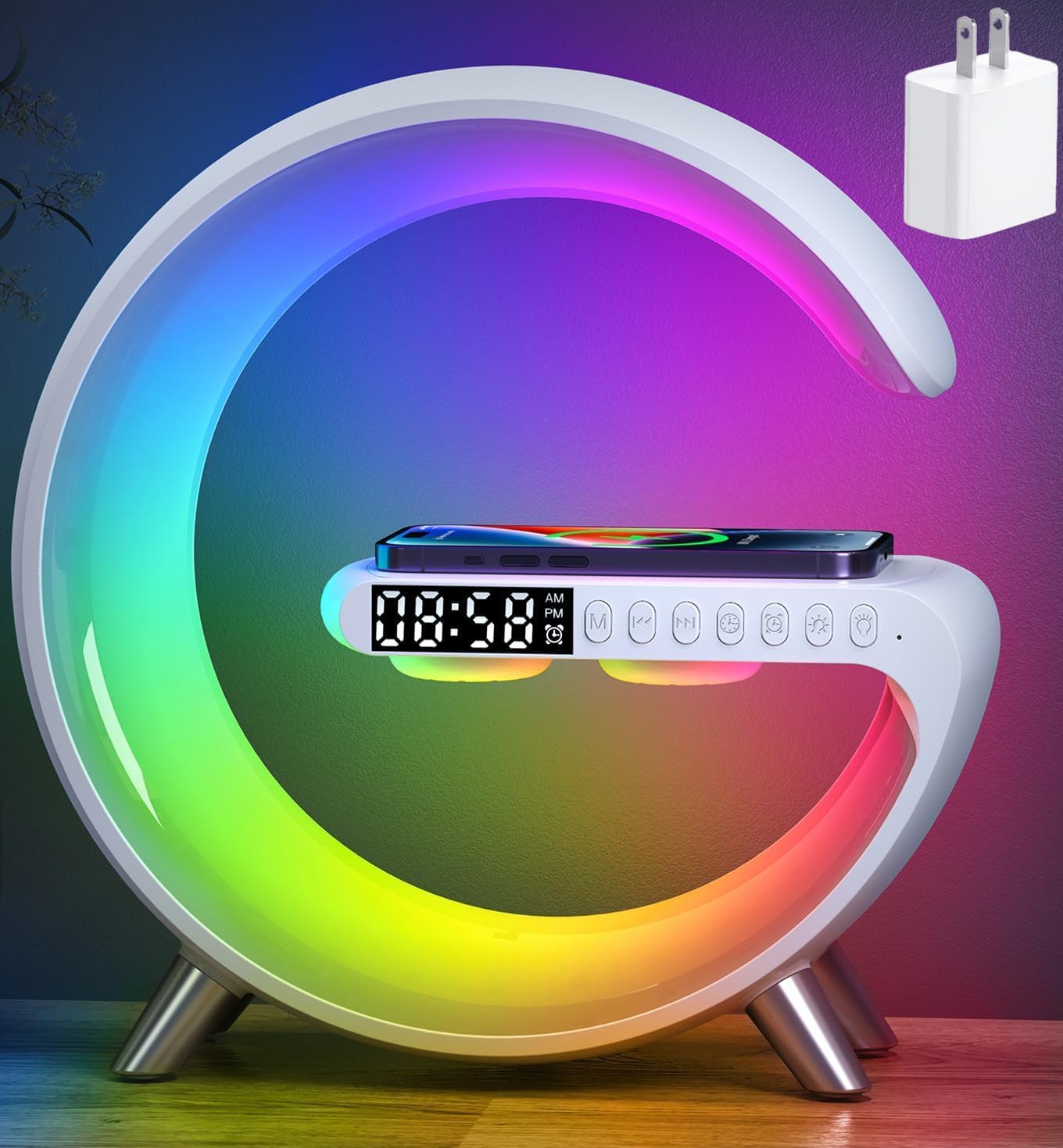 Aldernest 5 in 1 LED Table Lamp with Wireless Charging Bluetooth Speaker, Large, White, Large