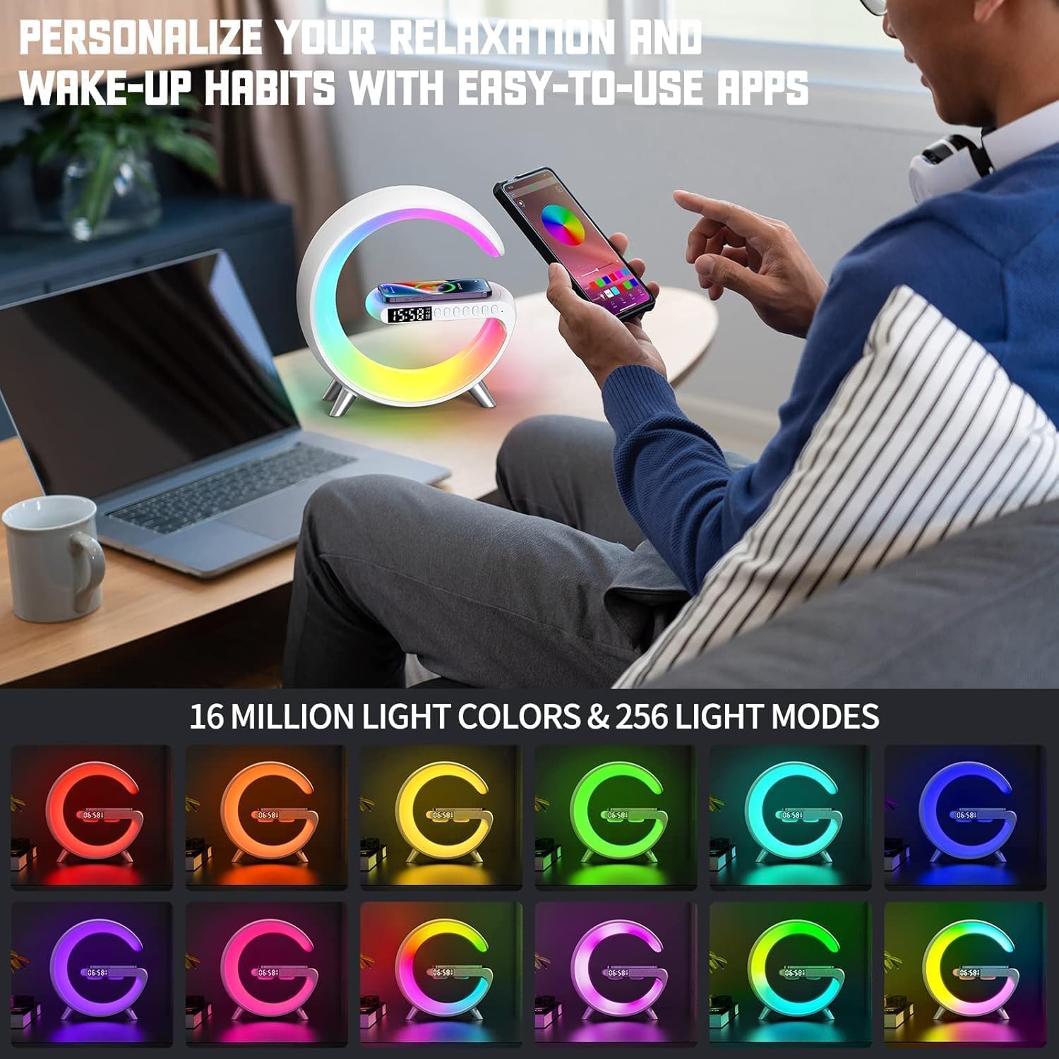 Aldernest 5 in 1 LED Table Lamp with Wireless Charging Bluetooth Speaker, Large, White, Large