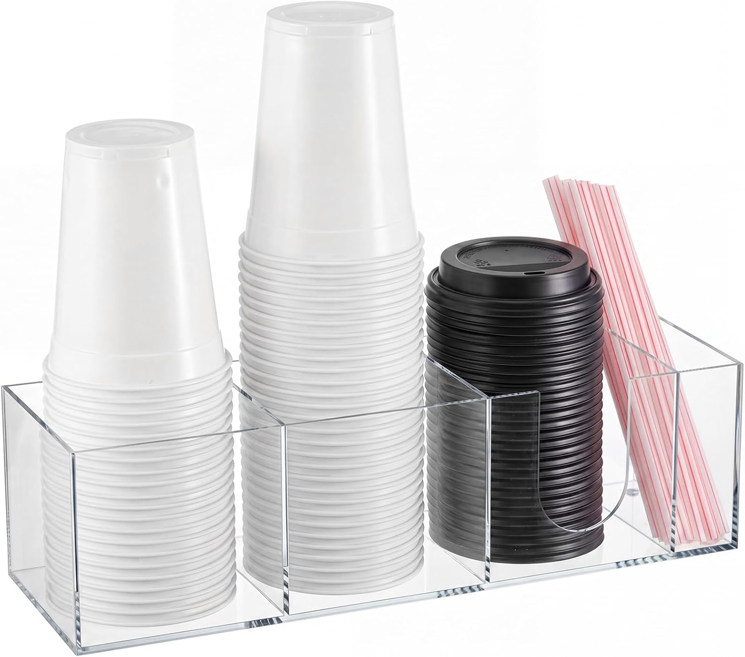 Aldernest Acrylic Coffee Cup Holder for Countertop with 4 Compartments Cup Lid and Straw Dispenser Coffee Station Organizer Bar Accessories for