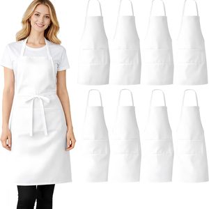 Ashenby 8 Pack Aprons Bulk with Pockets, Unisex Apron with Extra Long Ties for Chef