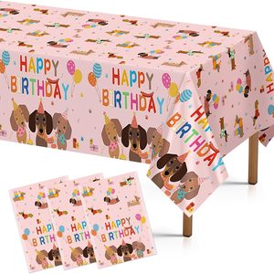 Ashenby 3Pcs Dachshund Dog Birthday Tablecloth Pink Wiener Table Cloth 54" x 108", Dachshund Birthday Tablecloth