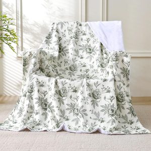 Birchmont Muslin Blankets for Adults Reversible Throw Fleece & Gauze, Throw XL (50"×70"), Green Peony