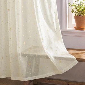 VelloHome 2Pcs Beige Sheer Curtains for Window 52x84in, Gold Sequin Star, Beige and Gold