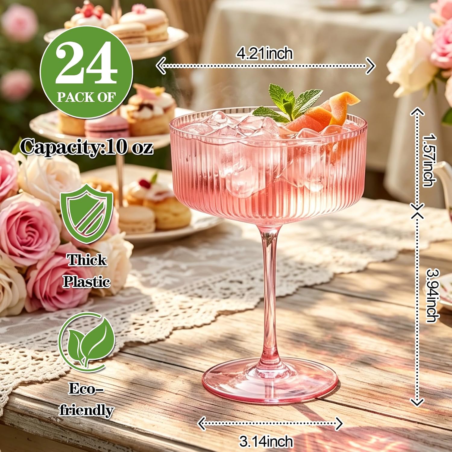 Ashenby 24 Pack Pink Plastic Martini Glasses for Bars Parties, 1.8 pounds, 10 Oz