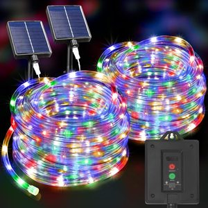 Maplewick Solar Rope Lights Outdoor 2 Packs Total 600LED 100FT Solar String Light Outside Waterproof with 8 Modes Clear Thin Tube for Pool Patio