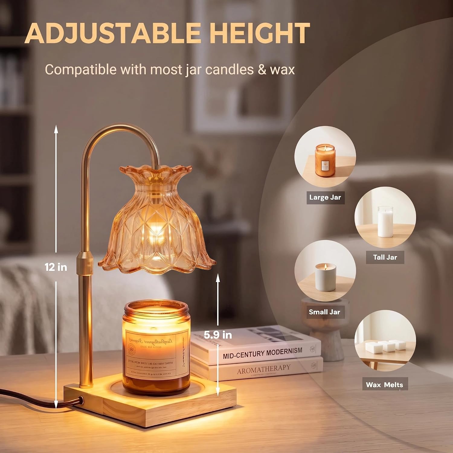 Ashenby Amber Candle Warmer Lamp with Timer and Dimmer, Adjustable Height