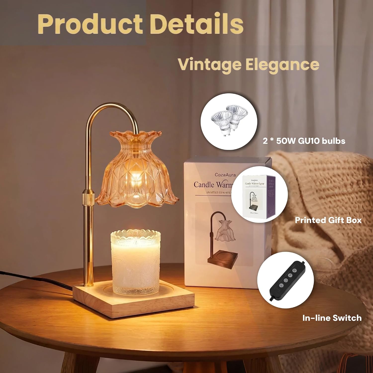 Ashenby Amber Candle Warmer Lamp with Timer and Dimmer, Adjustable Height