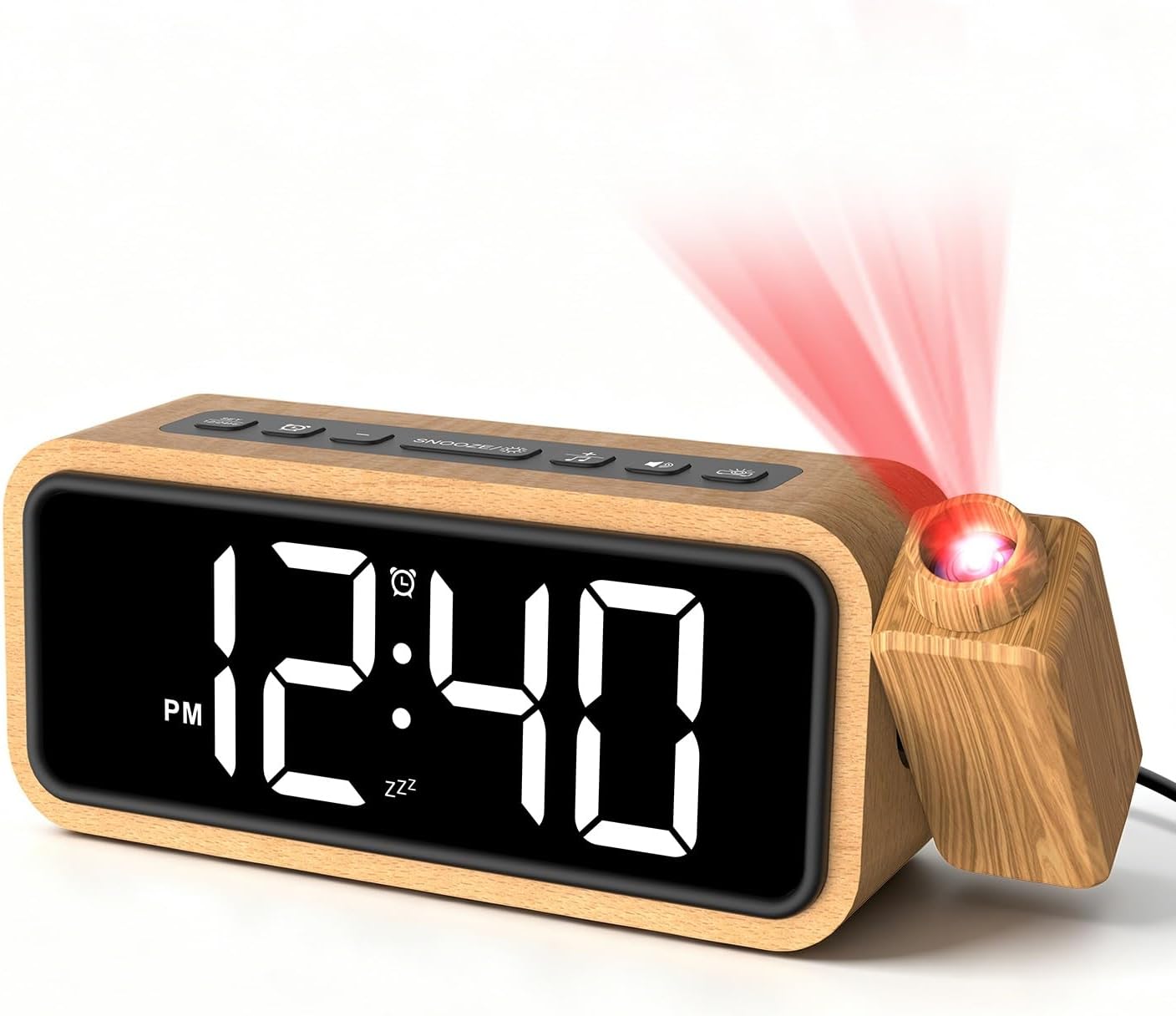 Barleyfield Wooden Projection Alarm Clock, Loud Digital Plug-in Clock with 180° Rotatable Projector, White