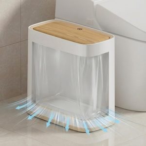 Aldernest Bathroom Trash Can with Lid and Wheels, 2.6 Gal, Air Vent, Faux Wood Top, 2.7 pounds, White and Wood Grain