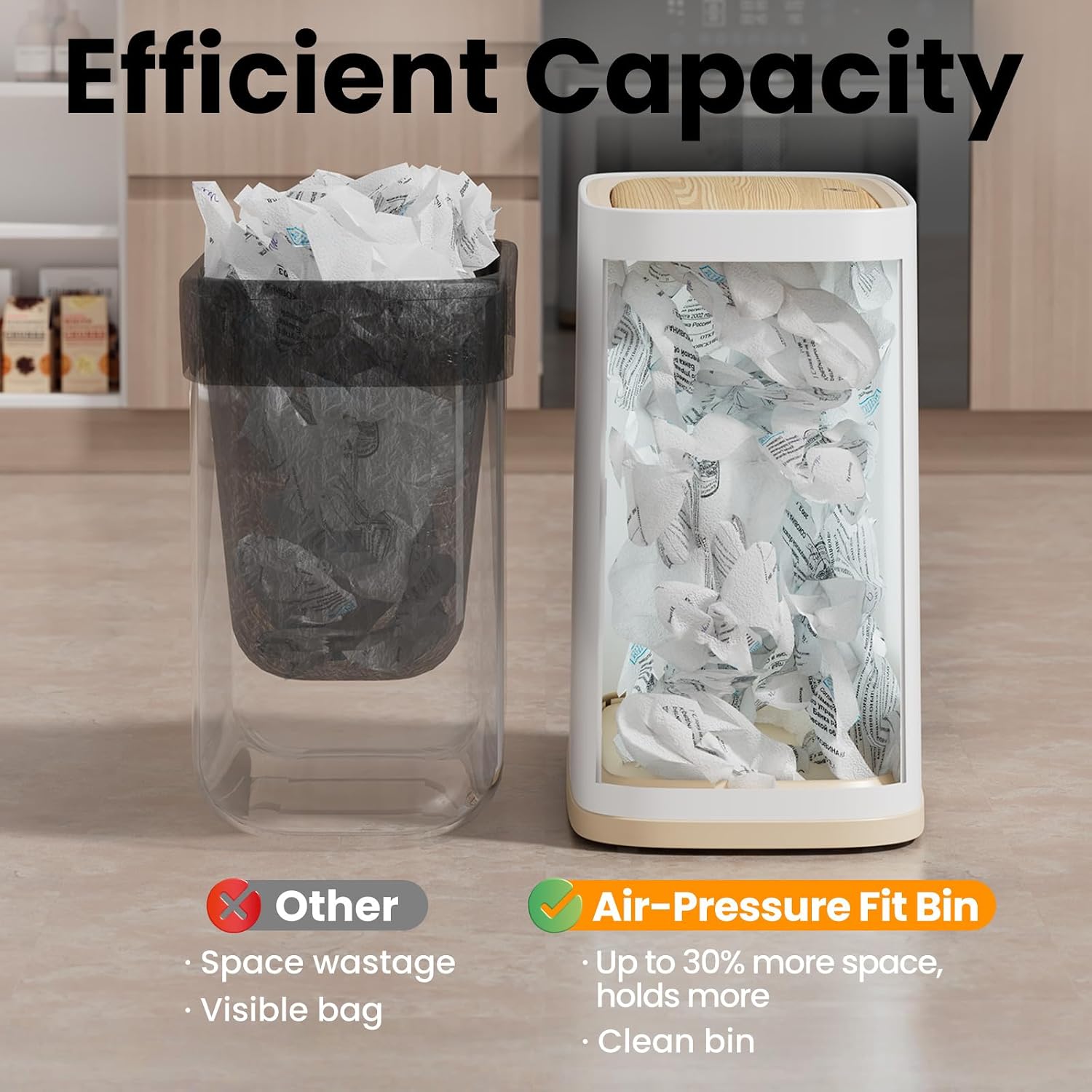 Aldernest Bathroom Trash Can with Lid and Wheels, 2.6 Gal, Air Vent, Faux Wood Top, 2.7 pounds, White and Wood Grain