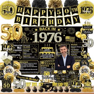 Rowanmere 50th Birthday Decorations - Black and Gold Vintage Back in 1976 Party Supplies include Backdrop Hanging Swirls Sash Balloons
