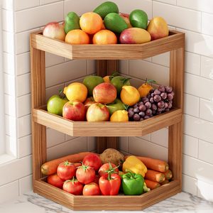 Aldernest 3 Tier Wooden Corner Fruit Basket for Kitchen Counter Vegetable Storage, Brown