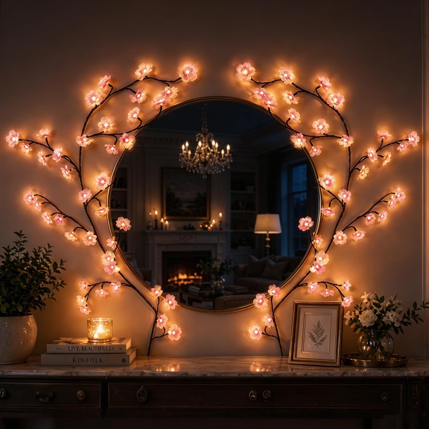 Elmgate Cherry LED Blossom Lights Decor, 48 LED Cherry Enchanted Willow Vine Tree Branch Lights for Wall Art, Warm White