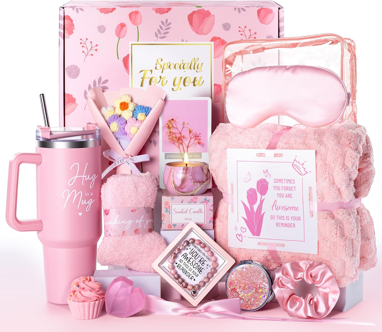 VelloHome 15 Pcs Get Well Soon Gift Basket, Birthday Gifts for Women, Pink