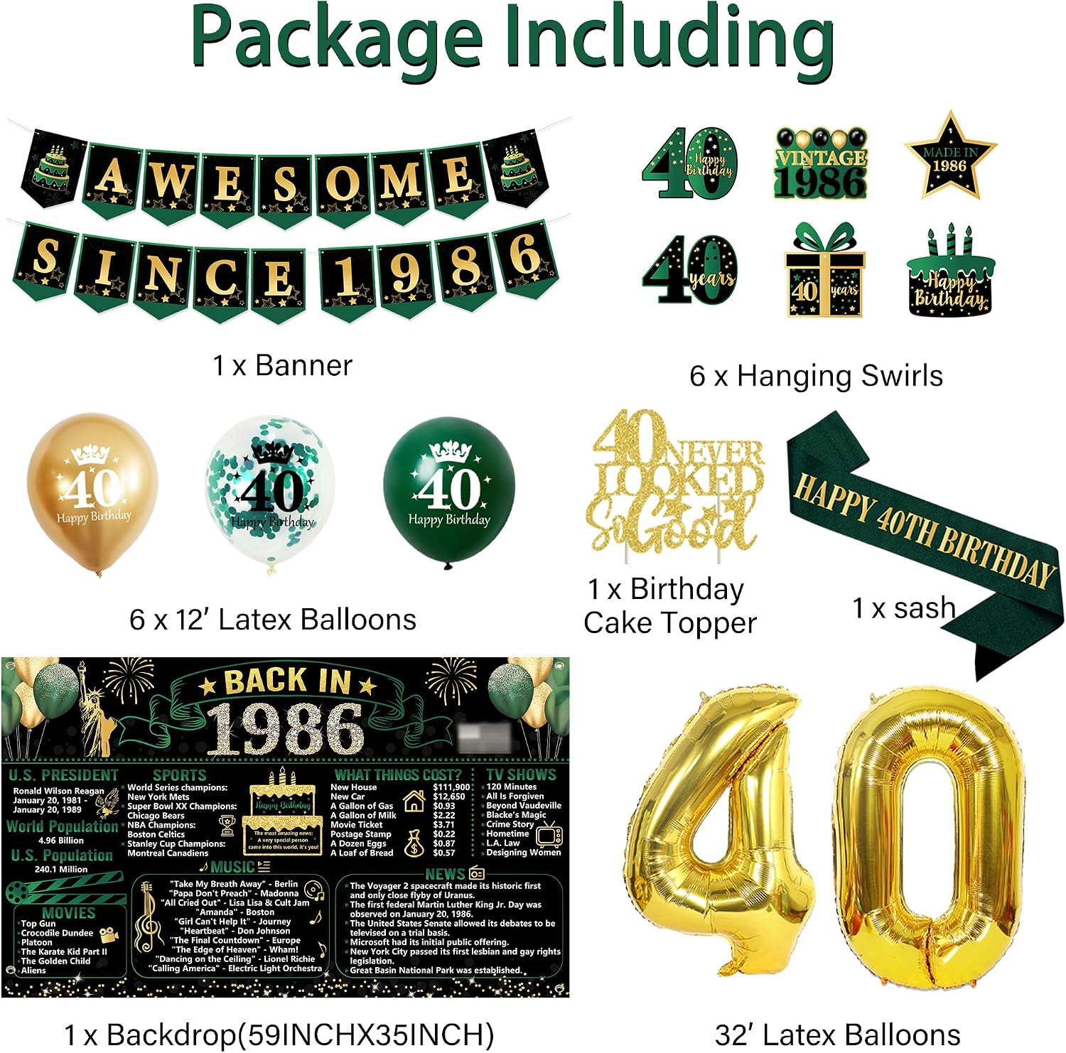 Aldernest Vintage Green Gold Back in 1986 40th Birthday Decorations for Men Women
