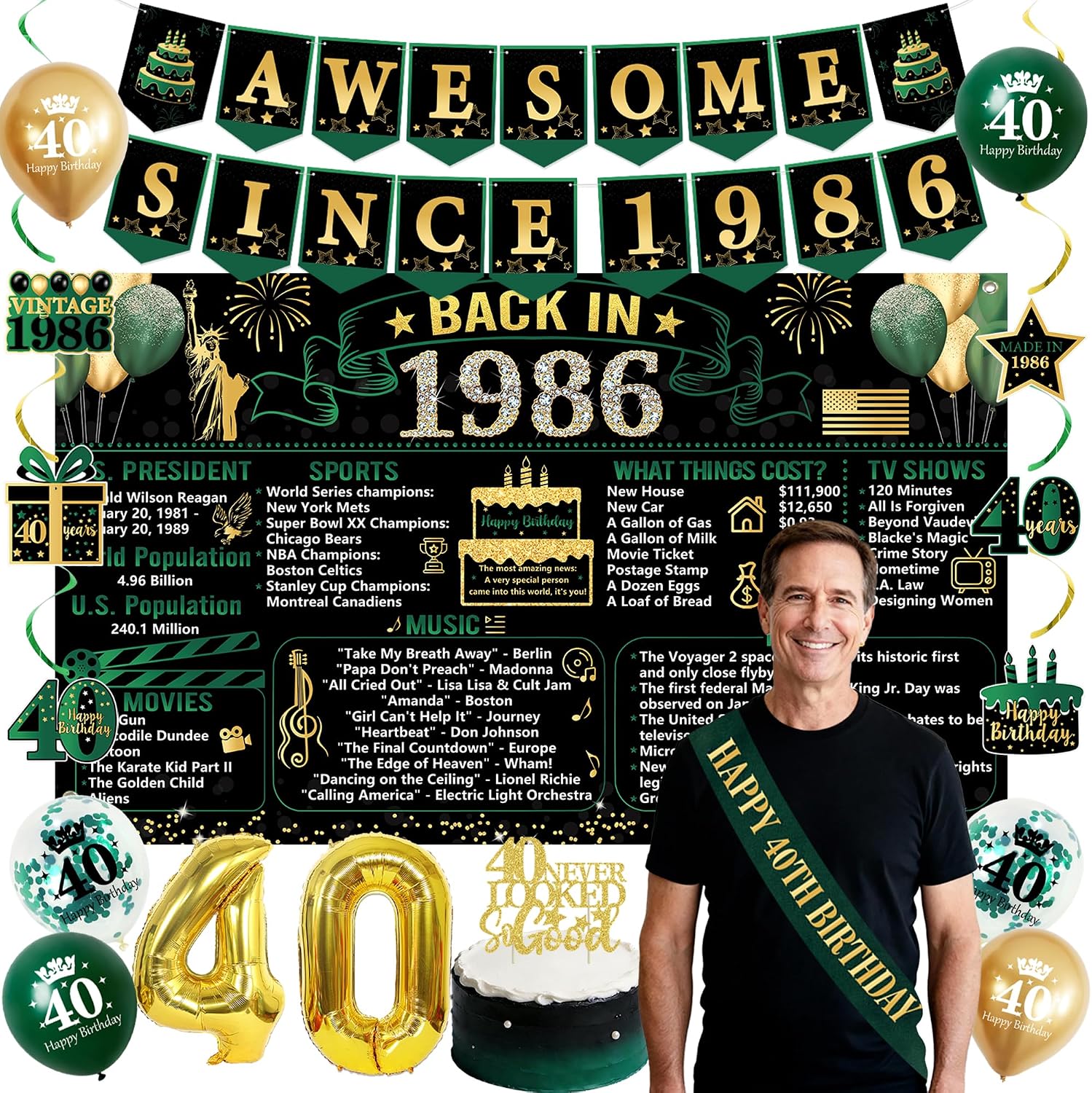 Aldernest Vintage Green Gold Back in 1986 40th Birthday Decorations for Men Women