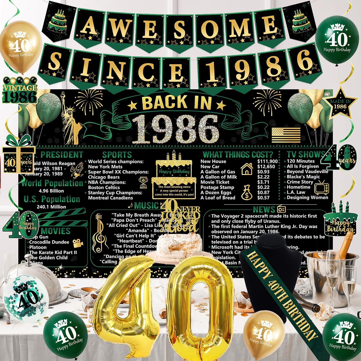 Aldernest Vintage Green Gold Back in 1986 40th Birthday Decorations for Men Women