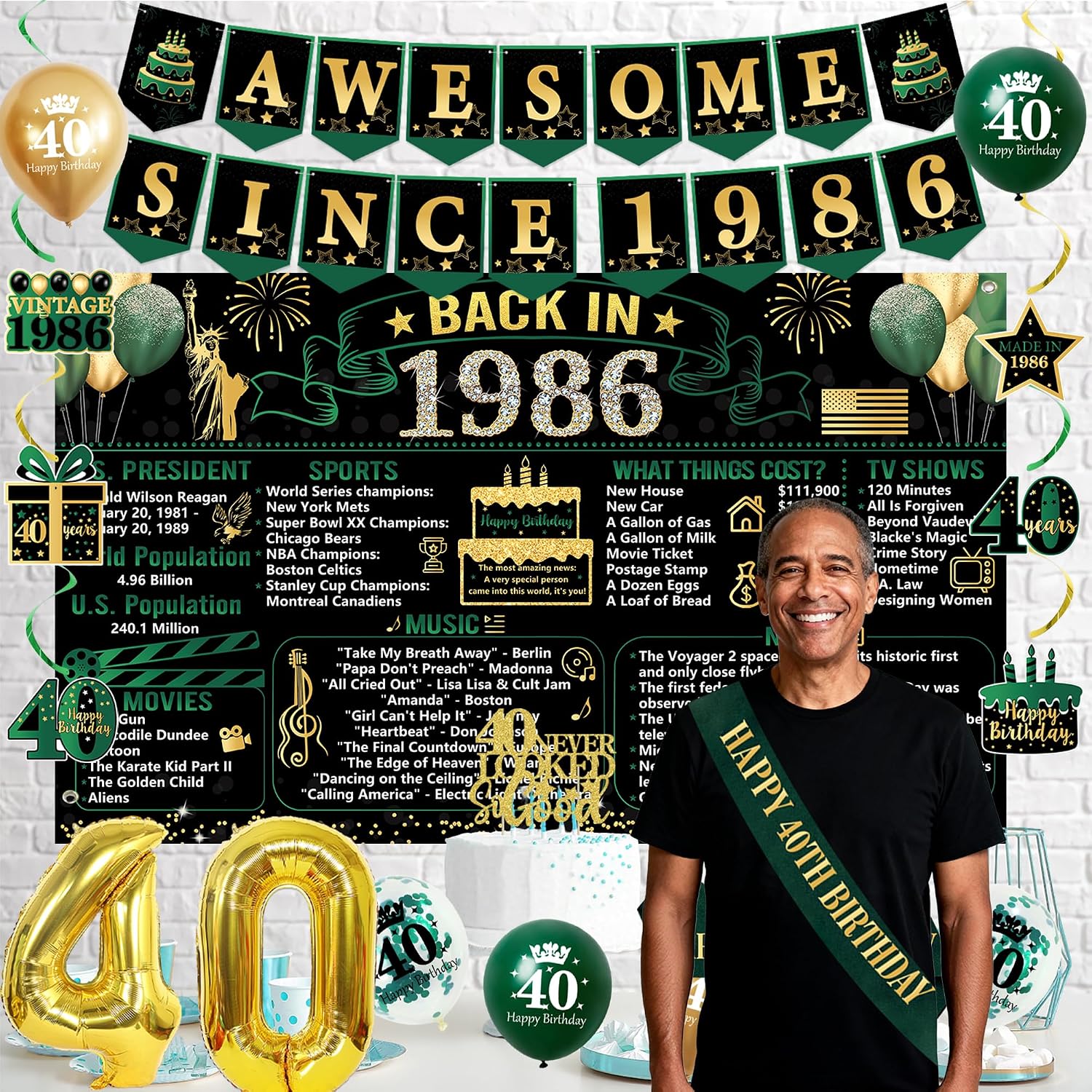 Aldernest Vintage Green Gold Back in 1986 40th Birthday Decorations for Men Women
