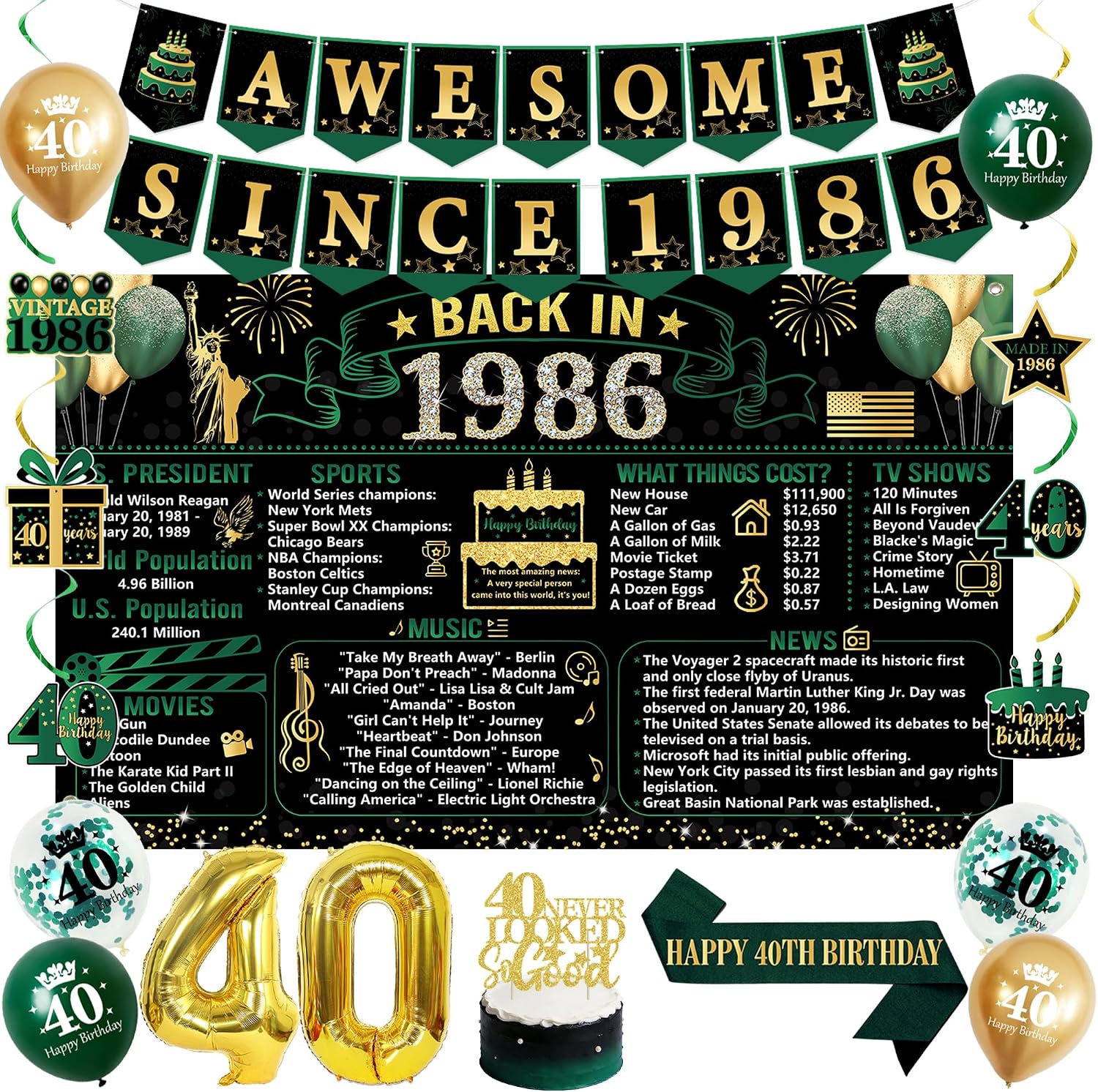 Aldernest Vintage Green Gold Back in 1986 40th Birthday Decorations for Men Women